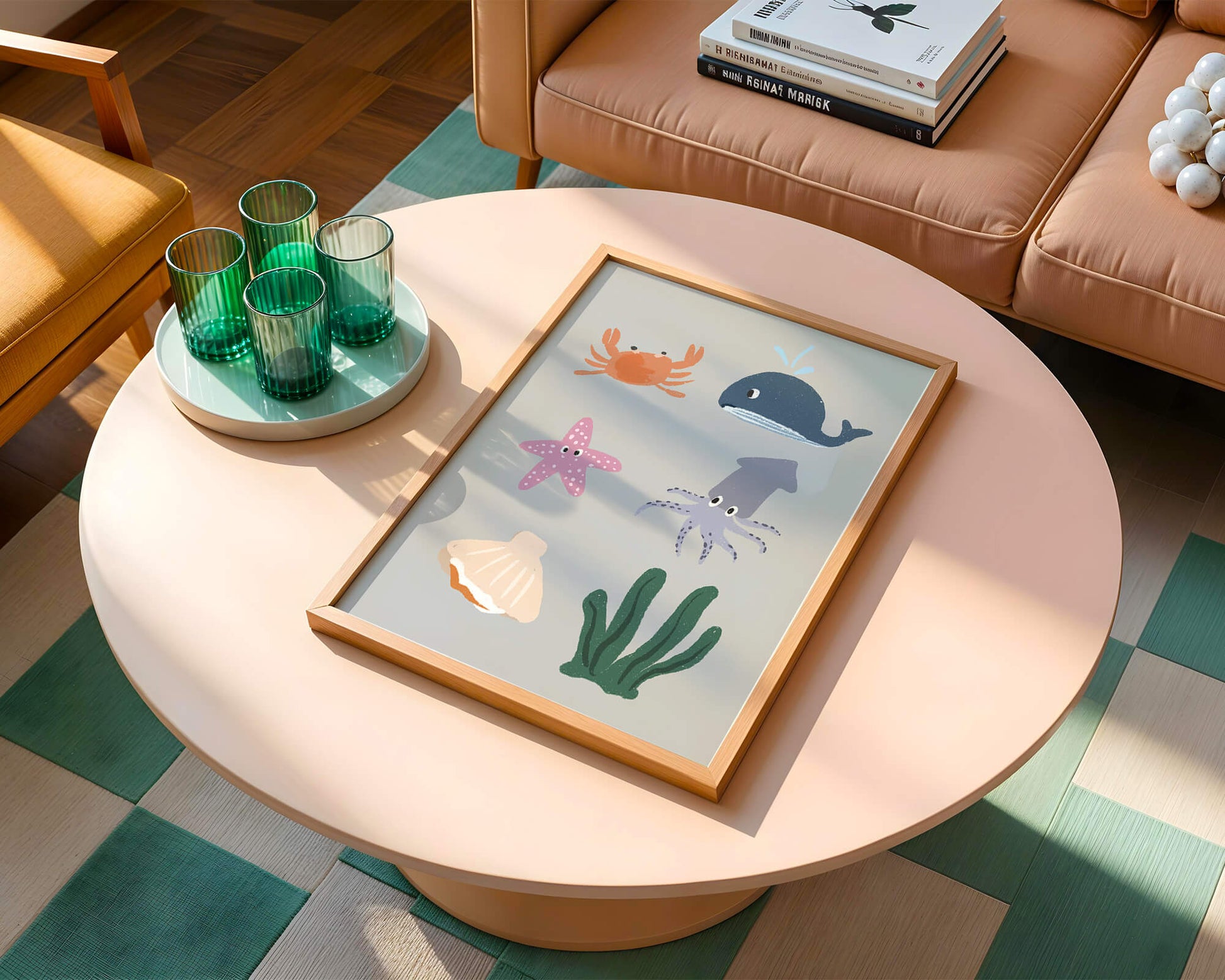 Illustration of whimsical sea creatures and marine elements on a grey background