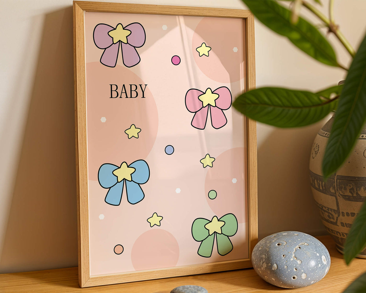 Colorful baby-themed backdrop with bows and stars