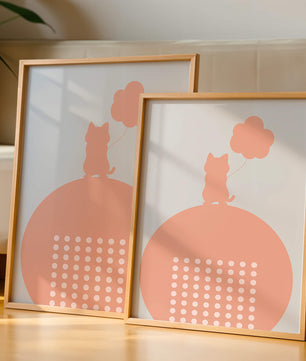 Katzensilhouette mit Ballon auf minimalistischem Kreishintergrund