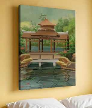 Traditional Japanese Garden Pavilion with Scenic Pond and Lush Greenery