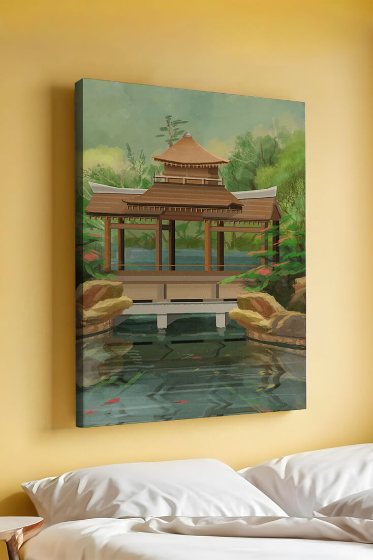 Traditional Japanese Garden Pavilion with Scenic Pond and Lush Greenery