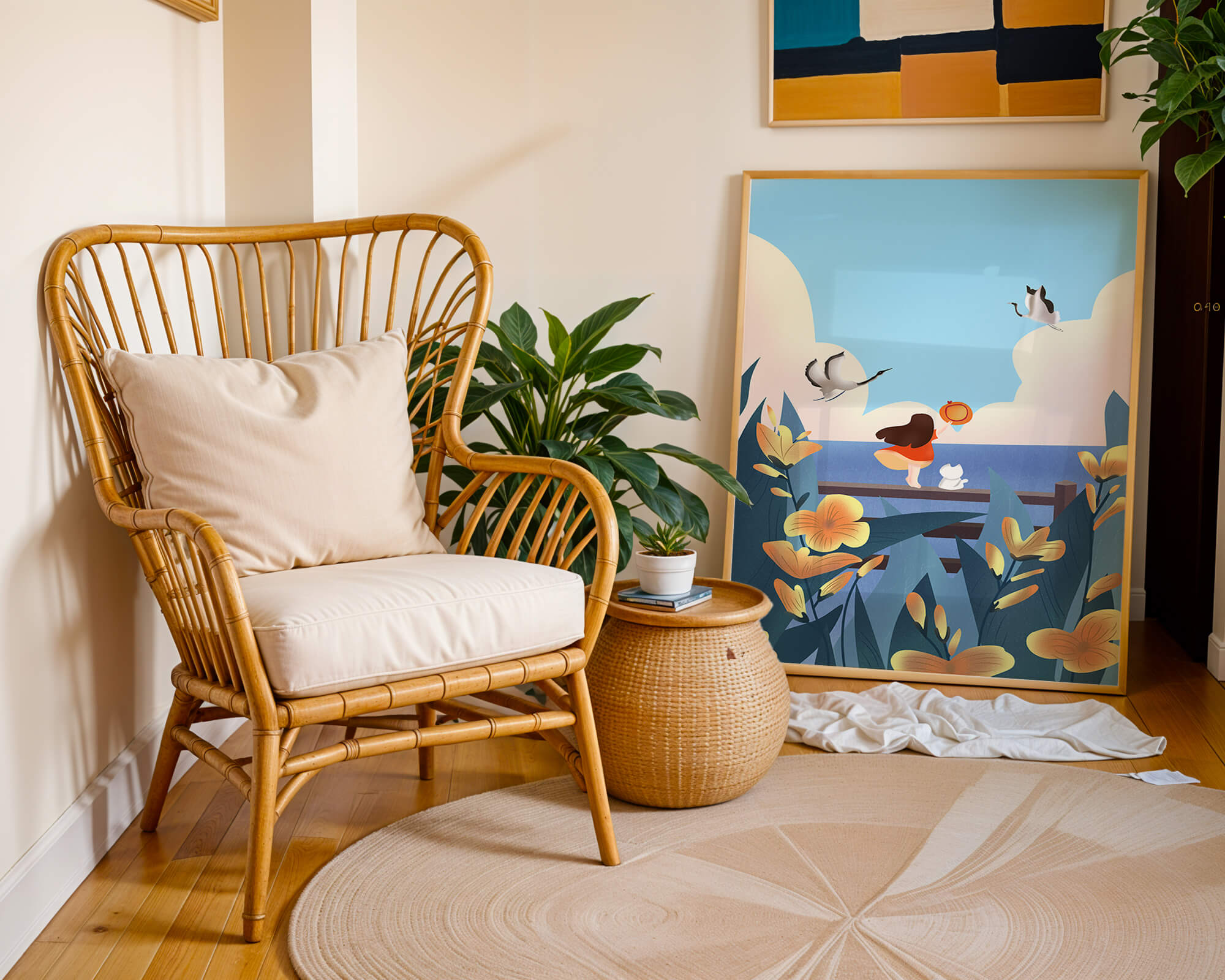 Serene seaside scene with girl, cat, and birds in nature