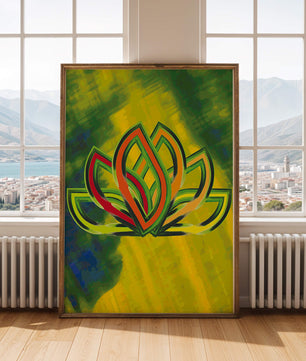 Diseño abstracto de loto con colores vivos y formas orgánicas