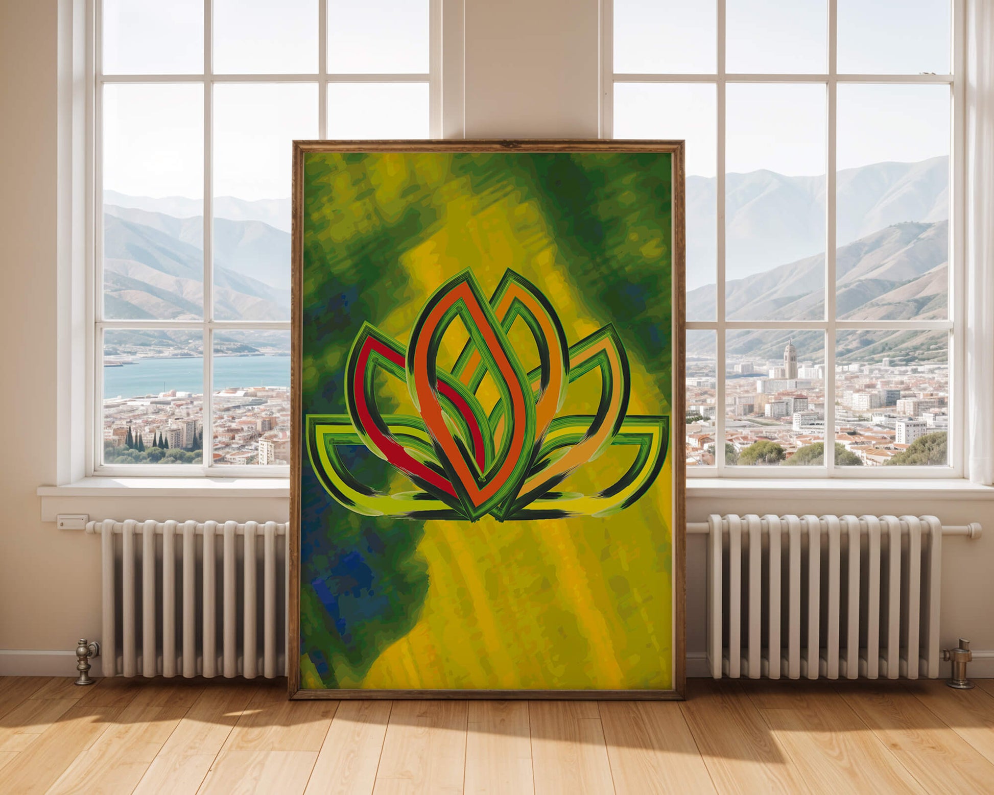 Diseño abstracto de loto con colores vivos y formas orgánicas