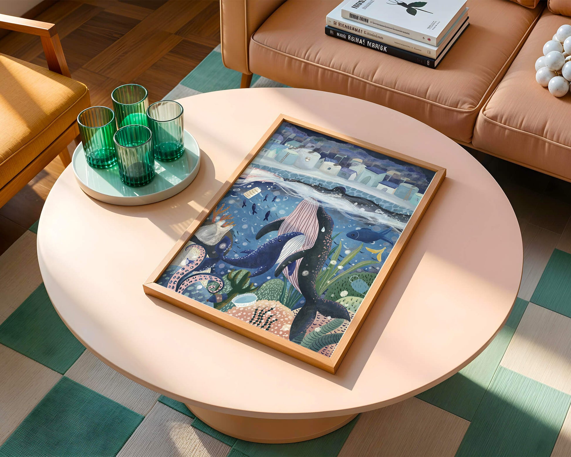 Whimsical Underwater City with Marine Life and Pollution