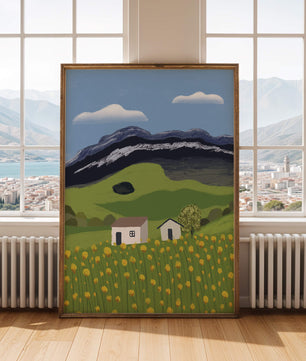 Peaceful Rural Landscape with Houses and Yellow Flowers under Blue Sky