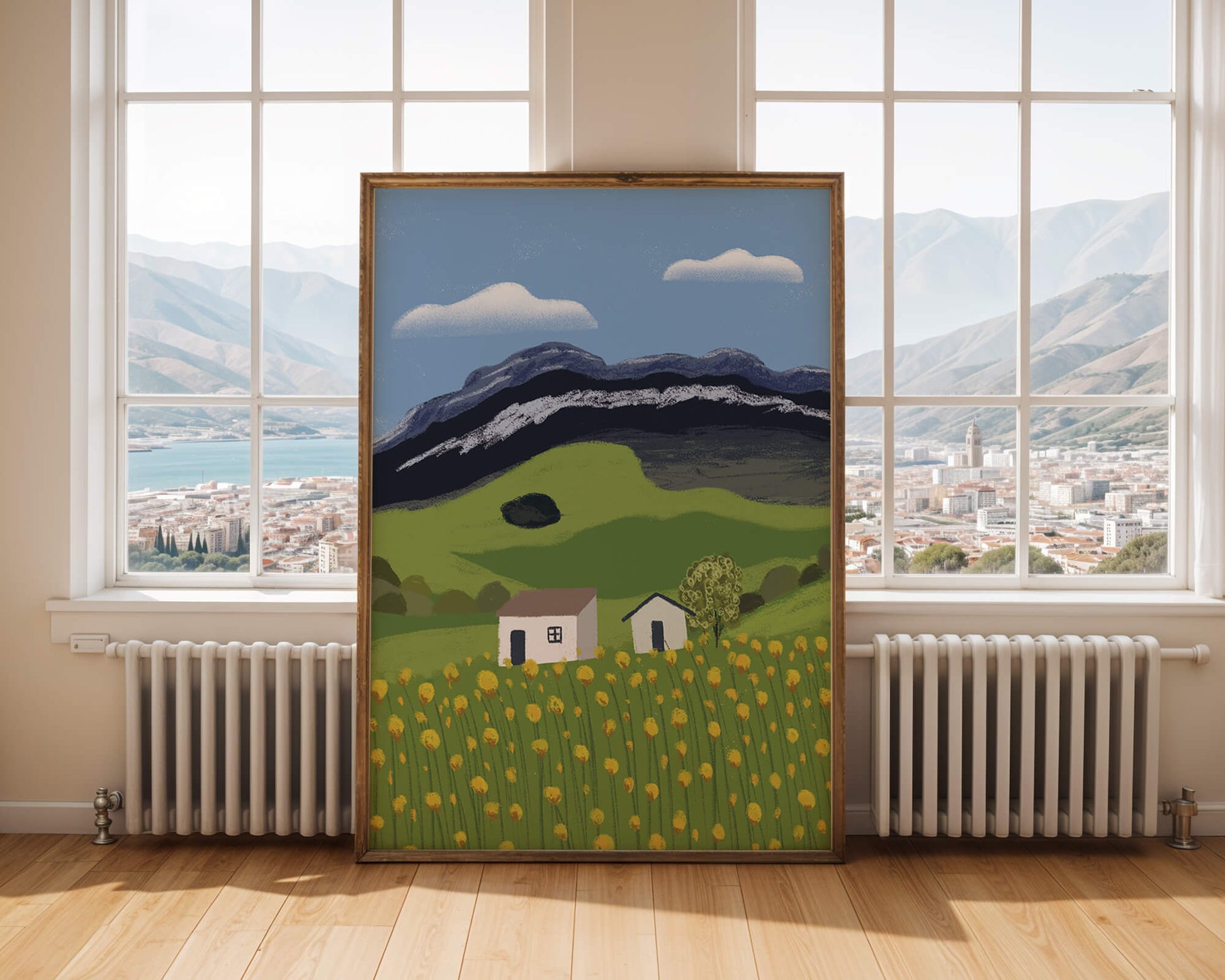 Peaceful Rural Landscape with Houses and Yellow Flowers under Blue Sky