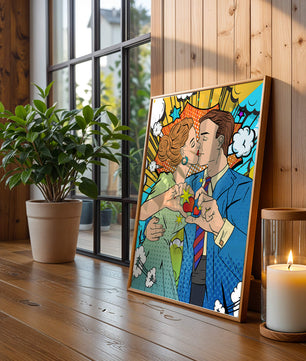 Ilustración de estilo pop art romántico de una pareja besándose con elementos cómicos
