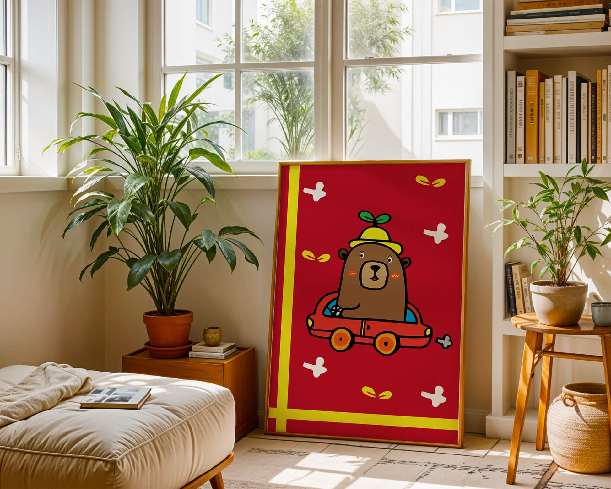Whimsical bear driving a car on a bright red background