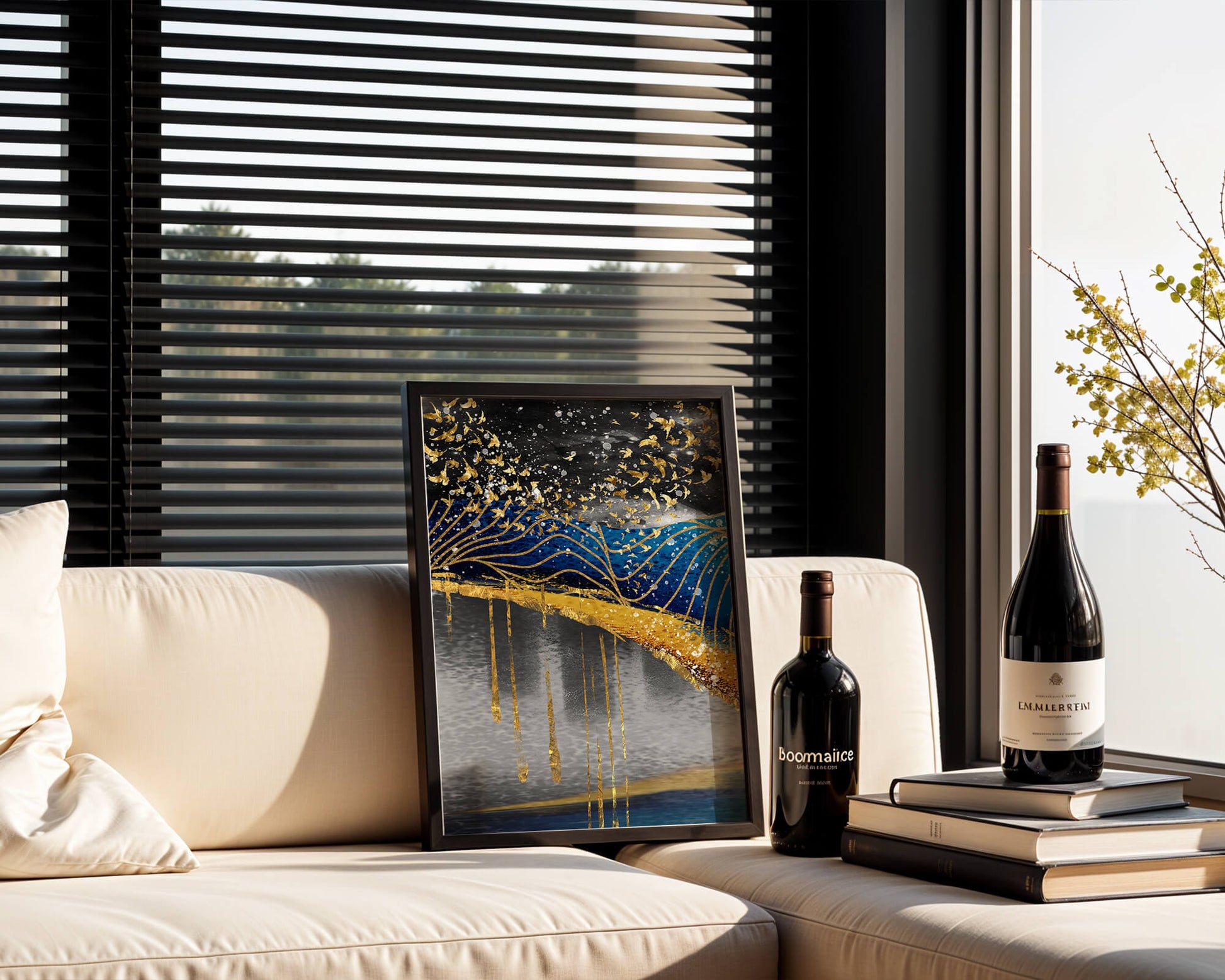 Abstract Night Sky With Golden Birds And Waves