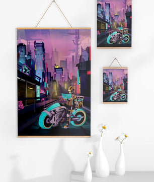 Paisaje urbano futurista cyberpunk con rascacielos iluminados con neón y motociclista