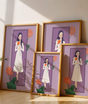 Illustration of a woman holding a flower in a serene pose