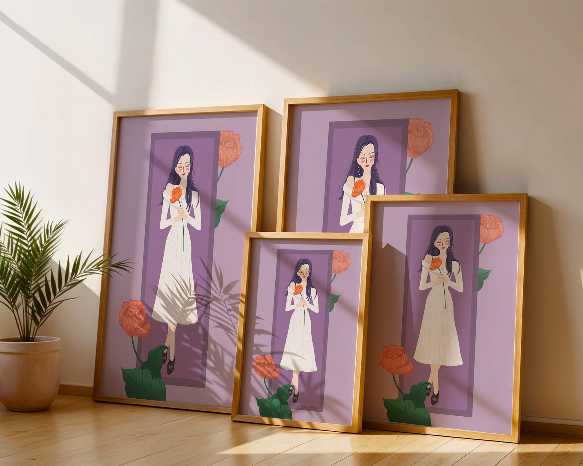 Illustration of a woman holding a flower in a serene pose