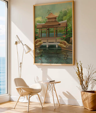 Traditional Japanese Garden Pavilion with Scenic Pond and Lush Greenery