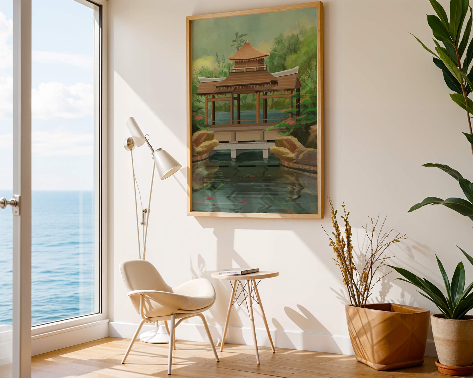 Traditional Japanese Garden Pavilion with Scenic Pond and Lush Greenery