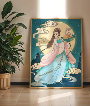 Traditional Asian-inspired artwork featuring a woman and rabbit under a moonlit sky