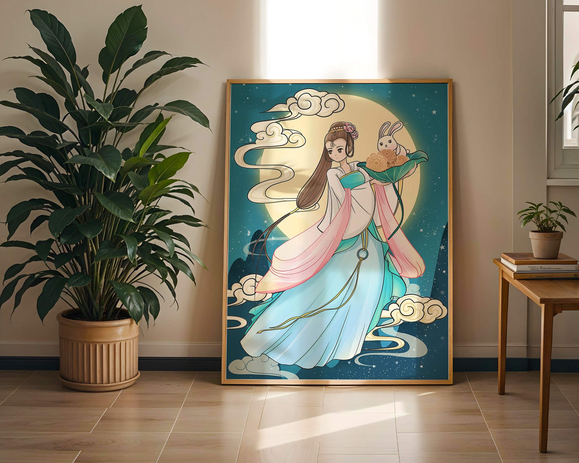 Traditional Asian-inspired artwork featuring a woman and rabbit under a moonlit sky