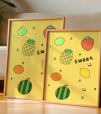 Playful fruit pattern on yellow grid background