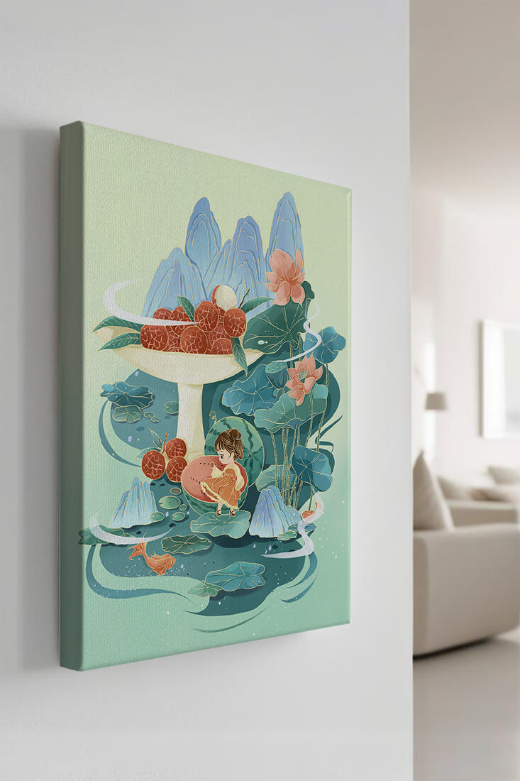 Whimsical illustration with girl, lychee, and lotus flowers