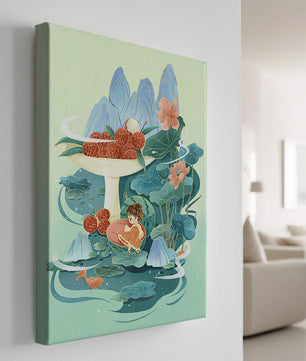 Whimsical illustration with girl, lychee, and lotus flowers
