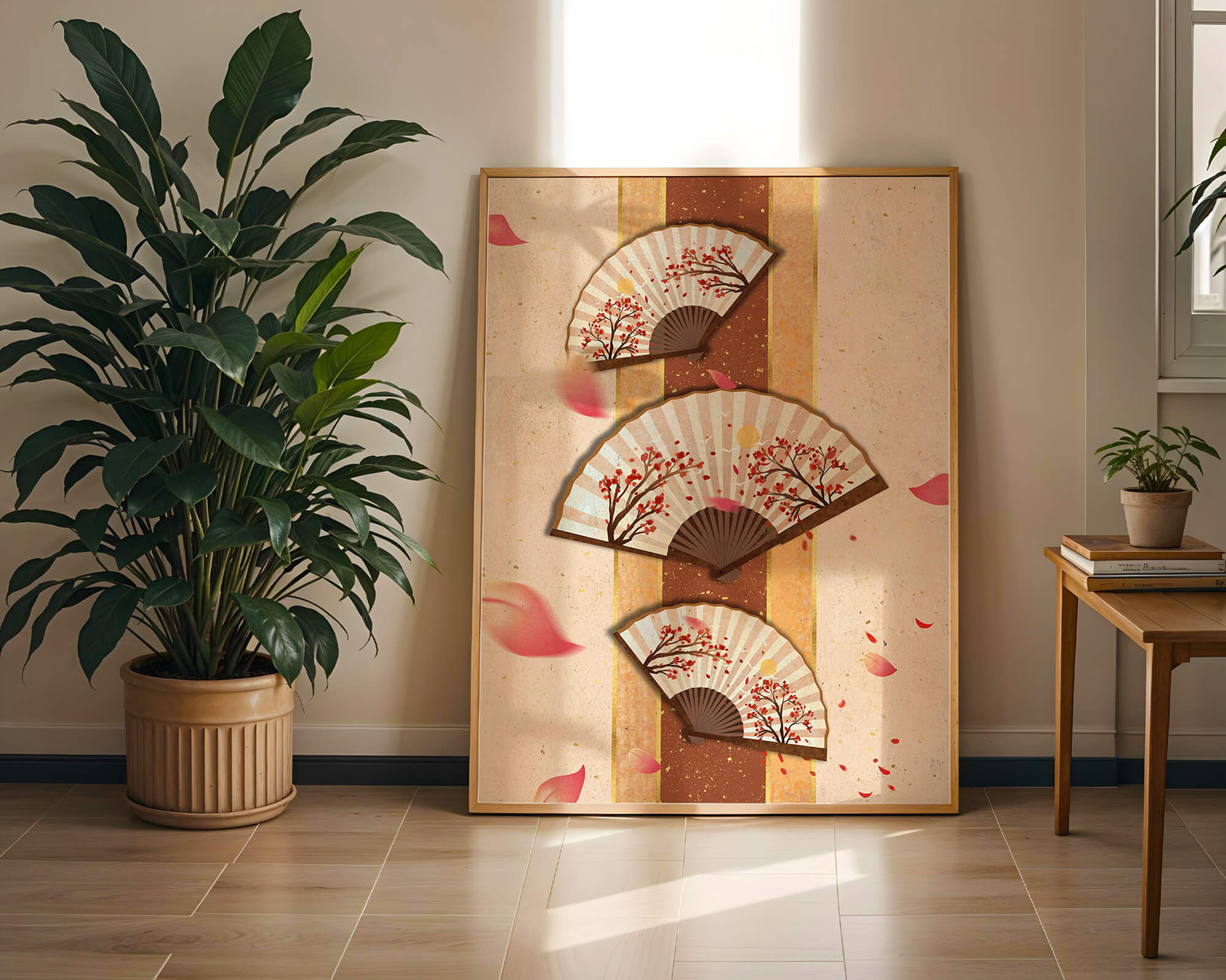 Elegant Japanese Fans with Cherry Blossom Design on Textured Background - Mi tienda