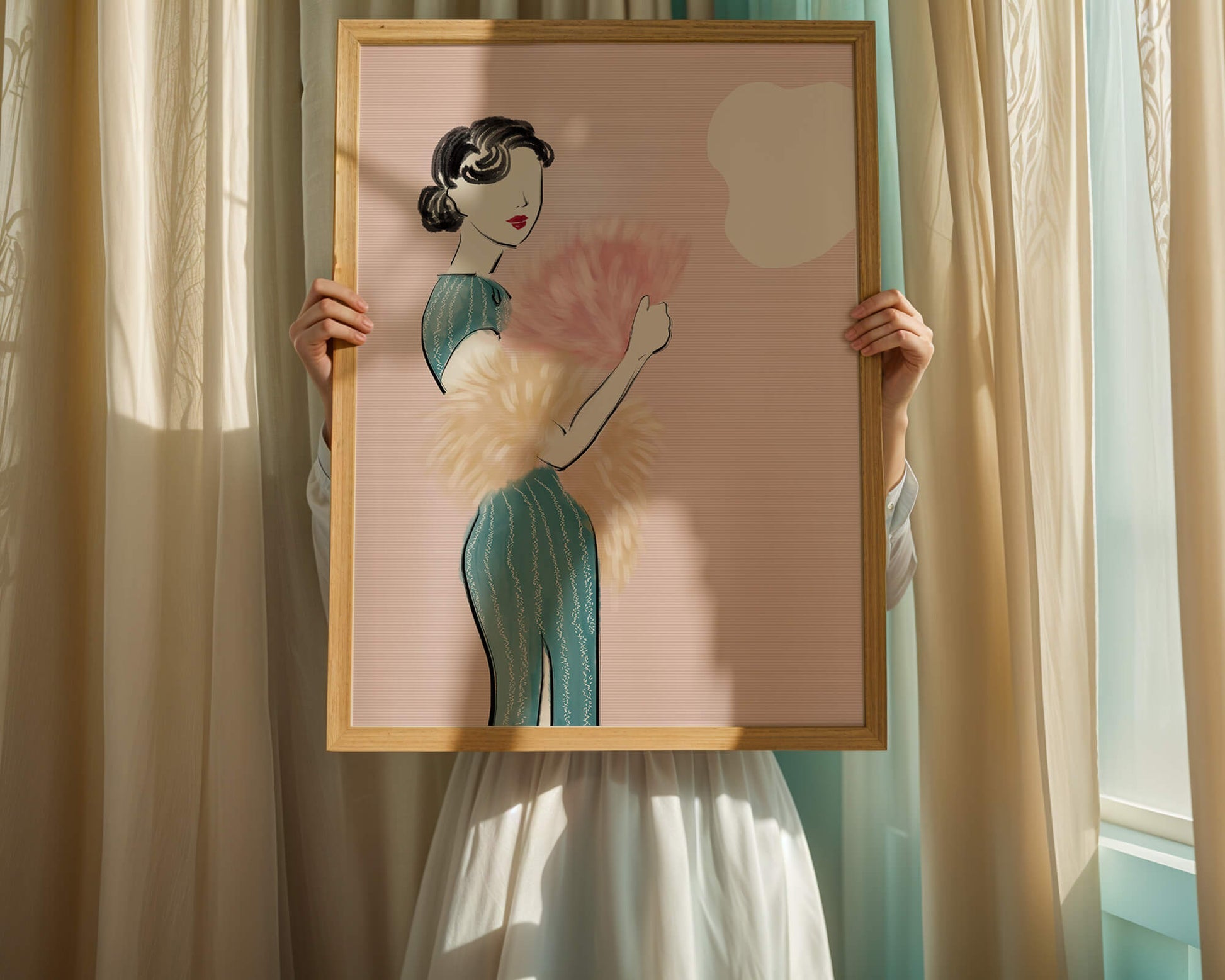 Elegant woman in vintage dress with pink background