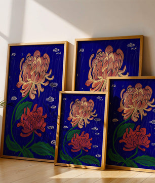 Colorful chrysanthemum illustration on dark blue background