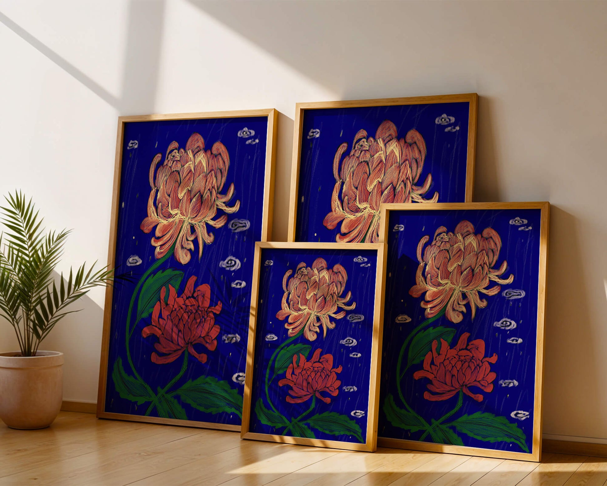 Colorful chrysanthemum illustration on dark blue background