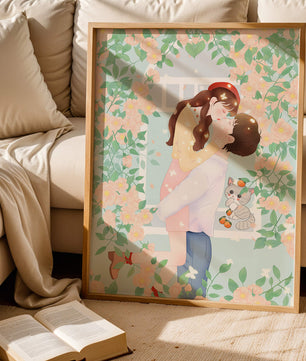 Romantic Kiss Amidst Blooming Flowers And Playful Cat