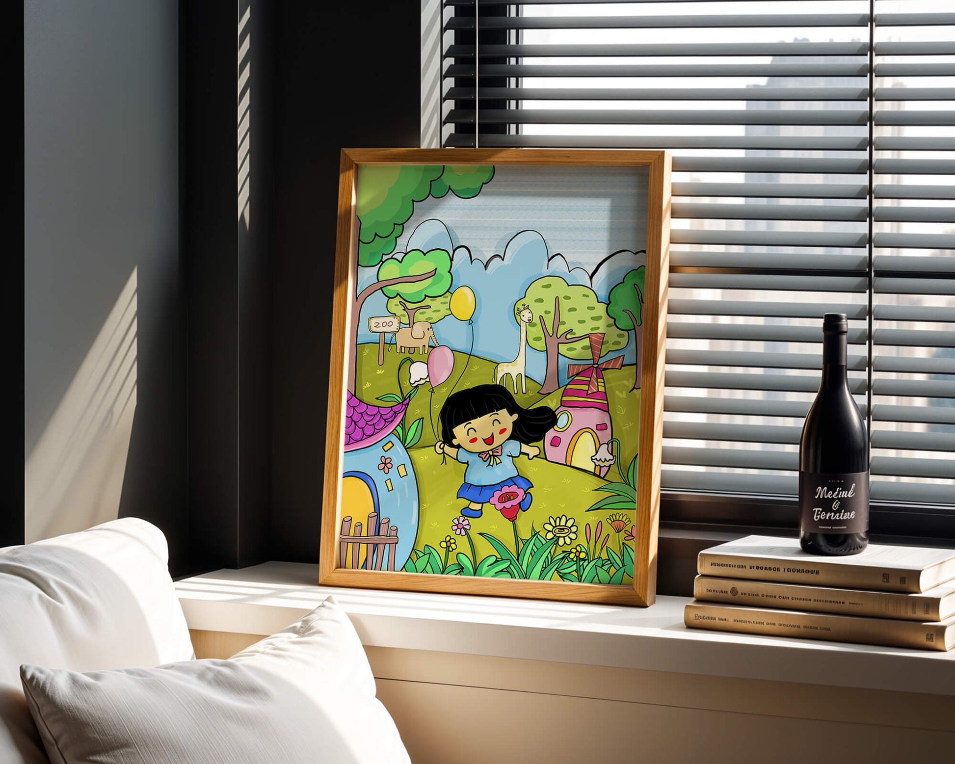 Colorful children's illustration of a joyful zoo visit with animals