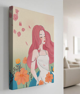 Illustration of a serene woman in a floral dress with flowing red hair