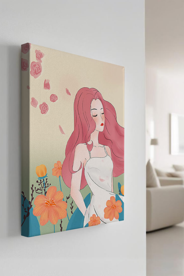 Illustration of a serene woman in a floral dress with flowing red hair