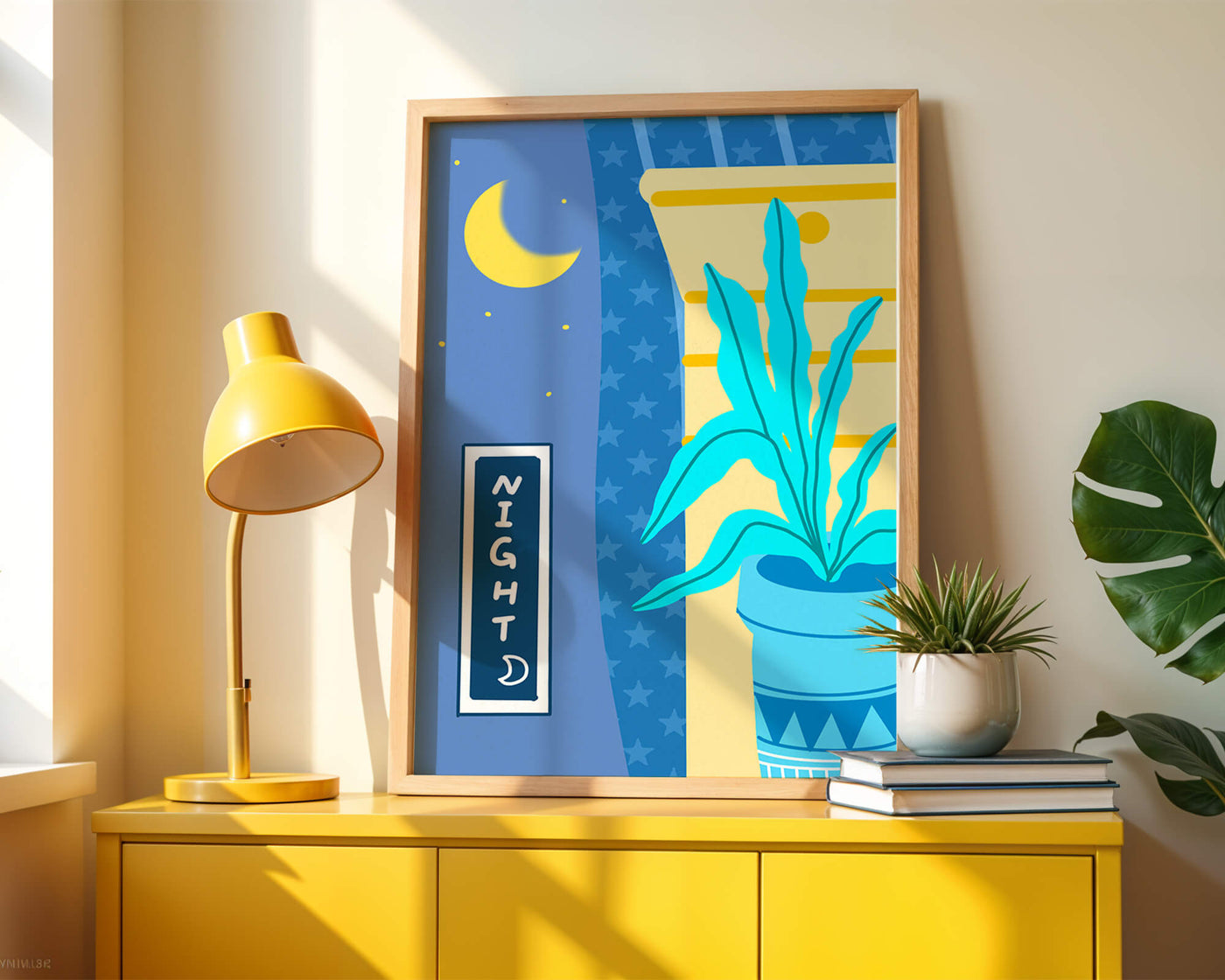 Nighttime plant illustration with crescent moon and starry background