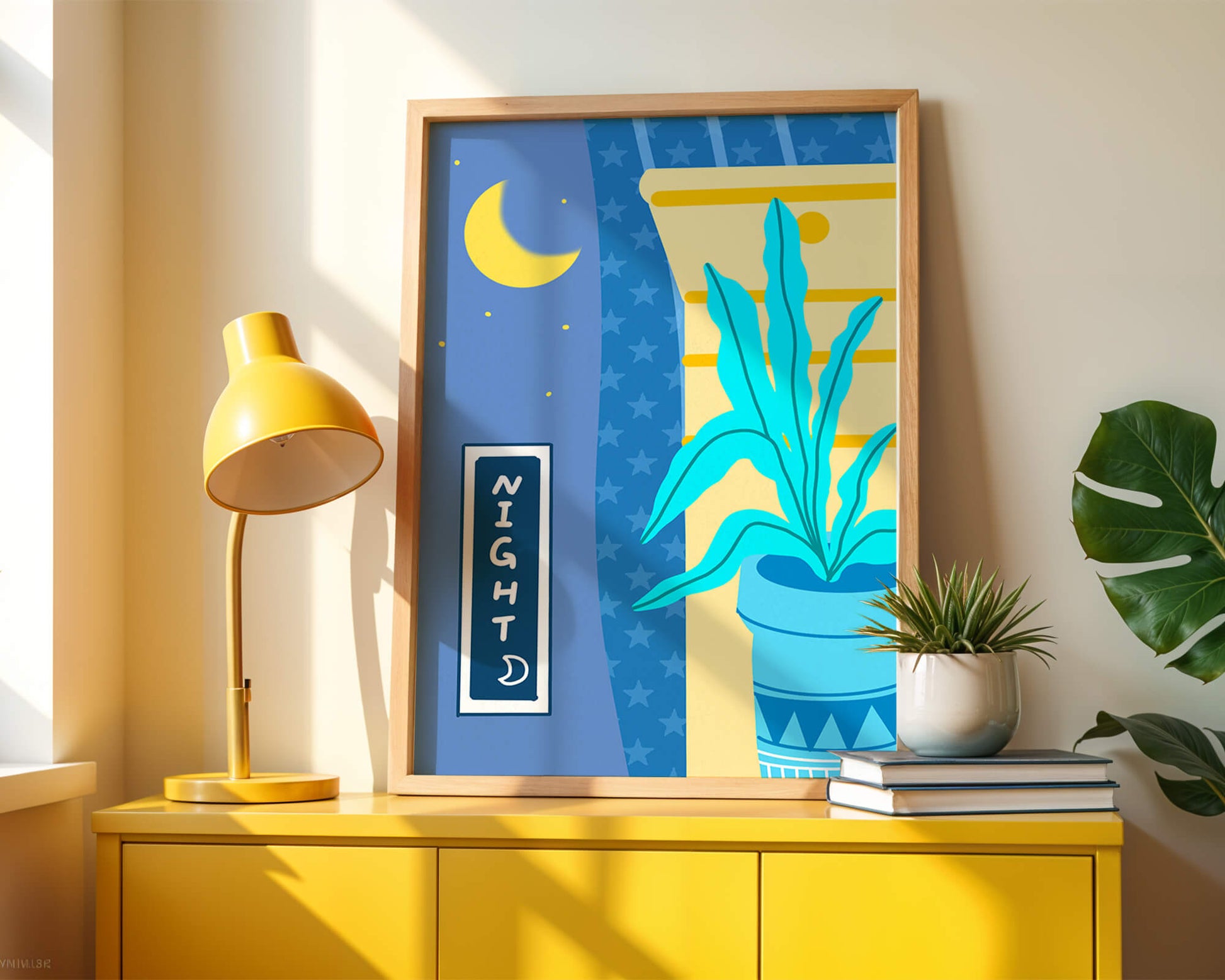 Nighttime plant illustration with crescent moon and starry background