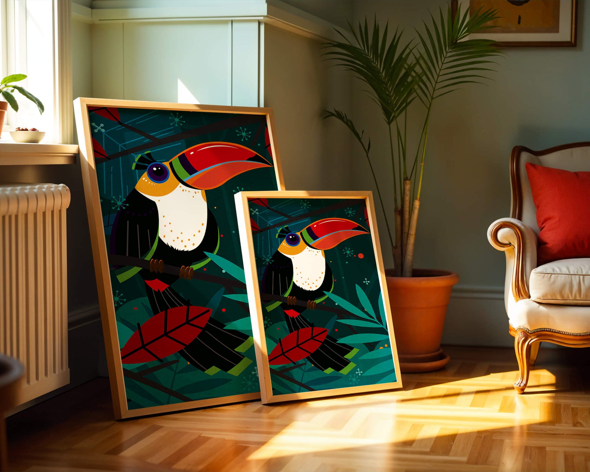 Toucan in Vibrant Jungle Setting with Abstract Elements