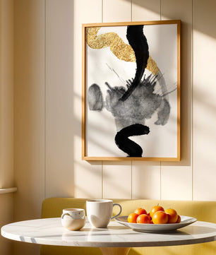 Abstract black and gold brushstrokes with textured patterns