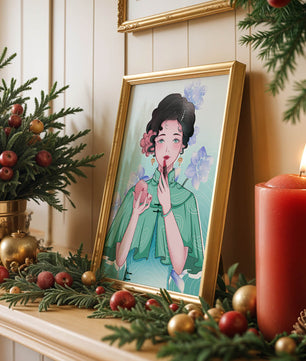 Woman applying lipstick with elegant floral background