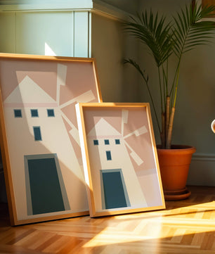 Minimalist geometric house illustration on pastel background