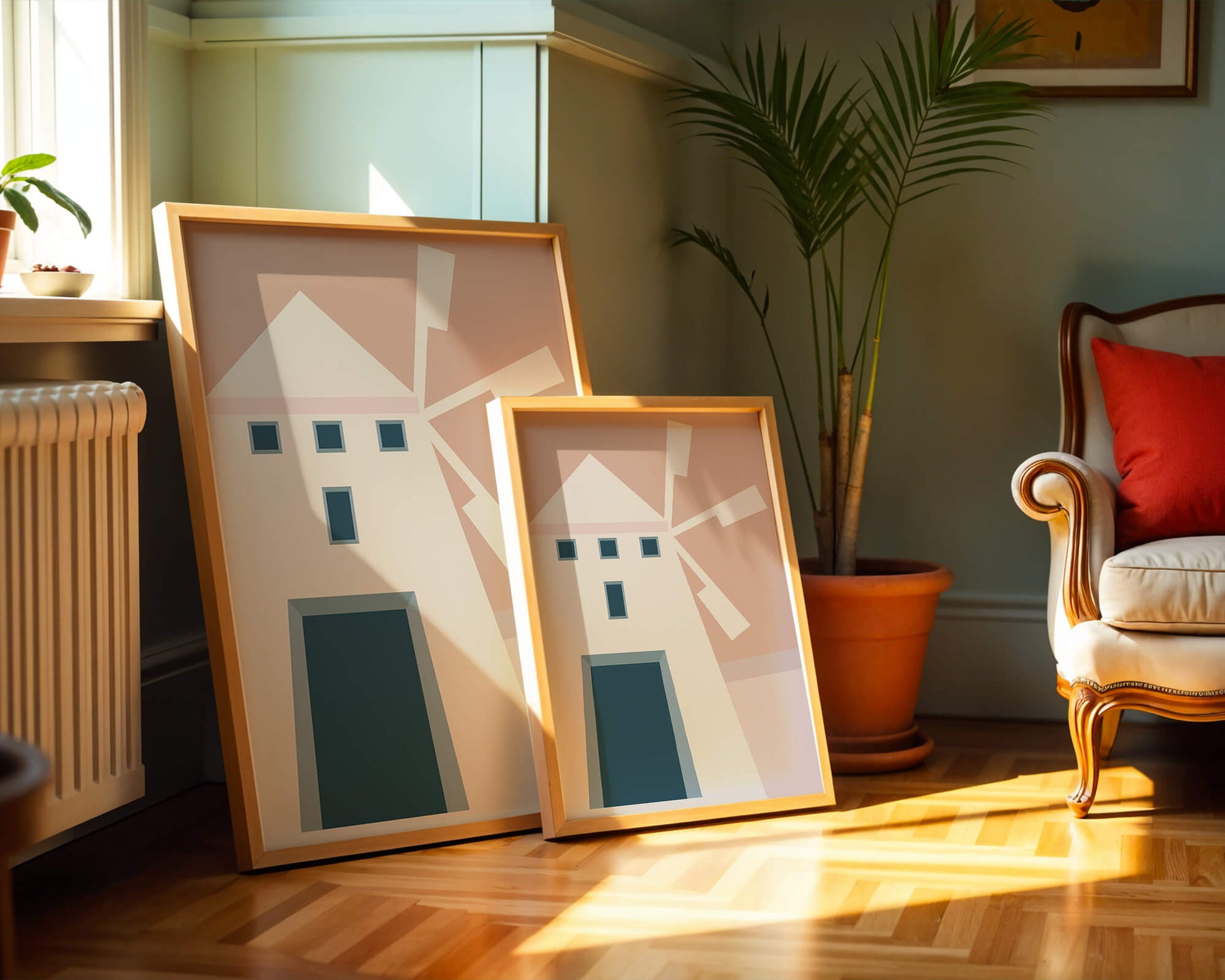 Minimalist geometric house illustration on pastel background