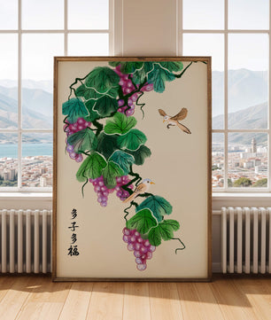 Watercolor grapevine and birds illustration with traditional art style