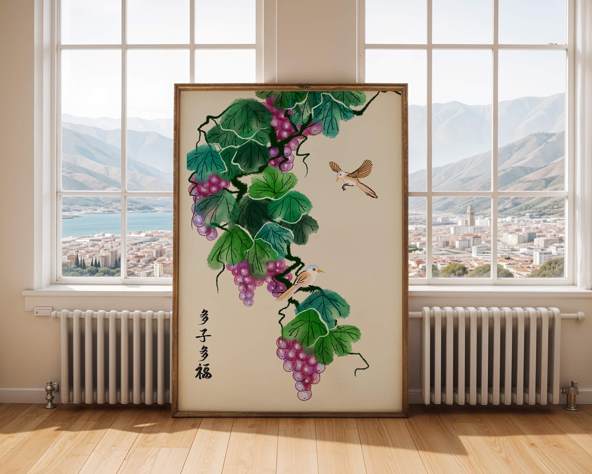 Watercolor grapevine and birds illustration with traditional art style