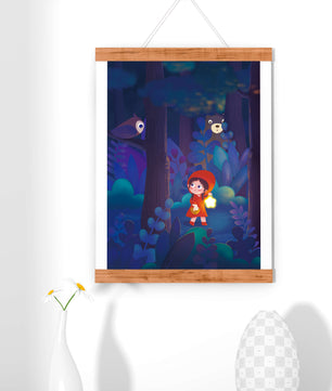 Little Girl in Red Hood Exploring Enchanted Forest at Night with Owl and Bear