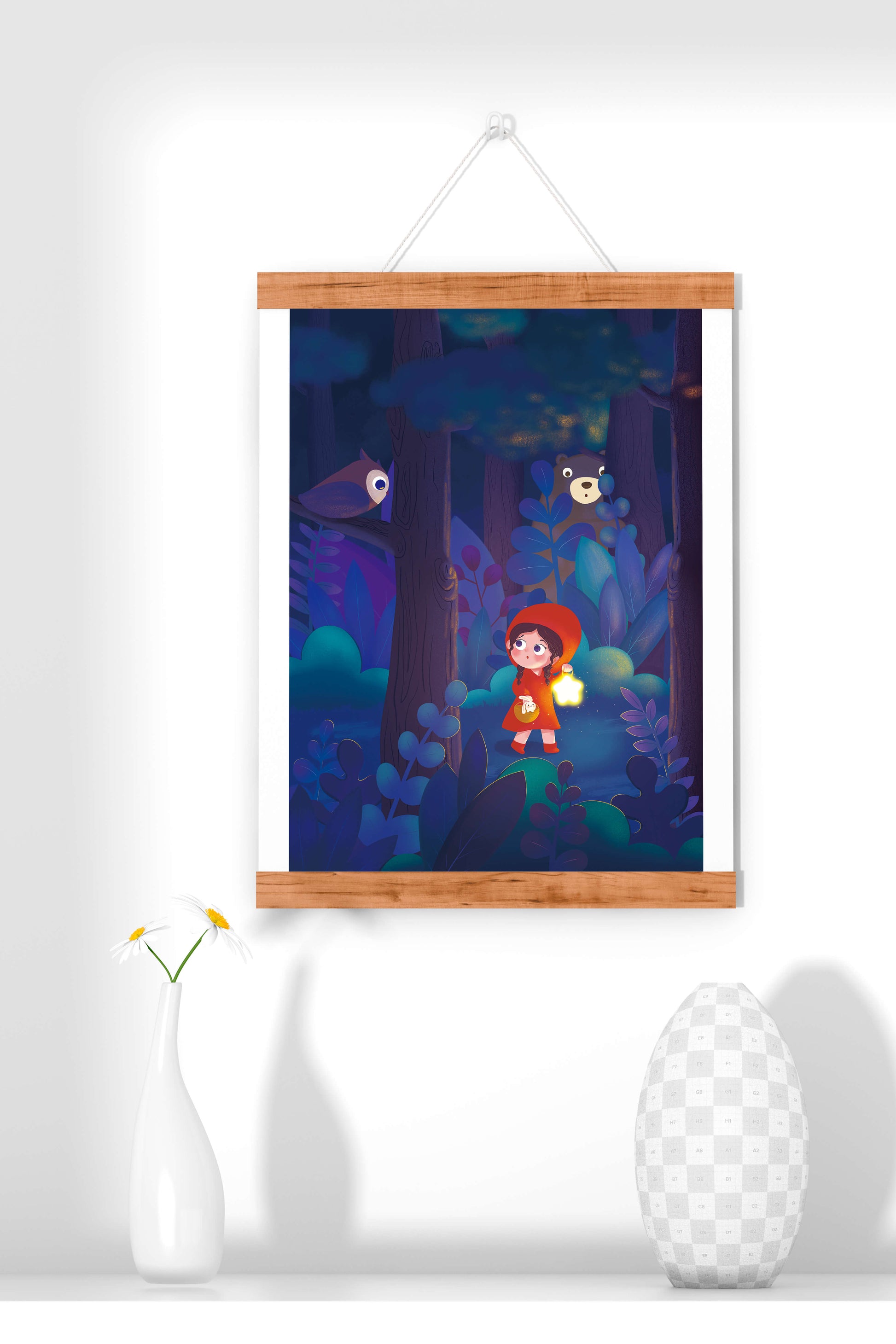 Little Girl in Red Hood Exploring Enchanted Forest at Night with Owl and Bear