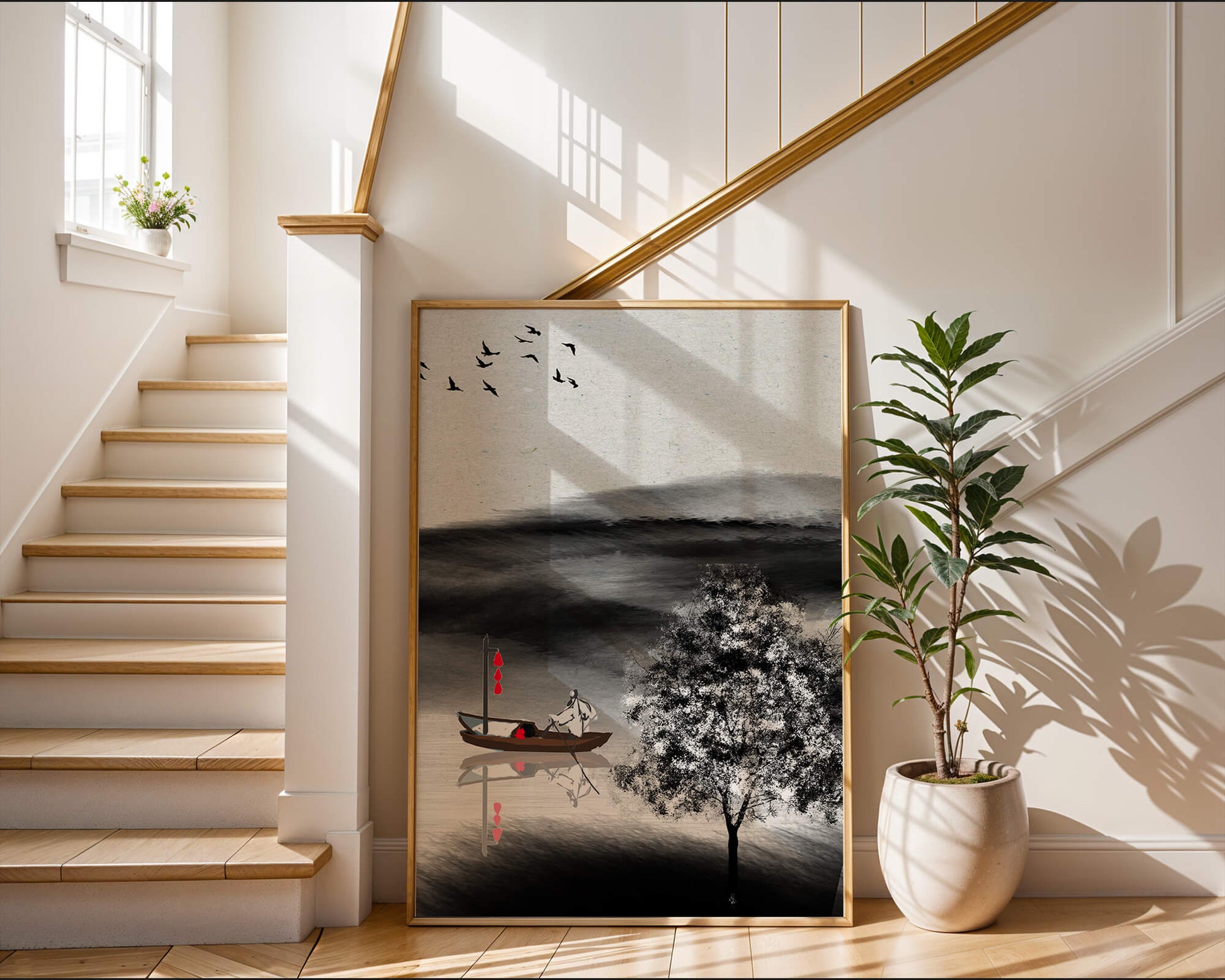 Tranquilo viaje en barco en un paisaje sereno con pájaros y árbol