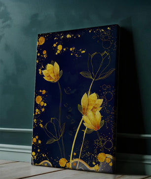 Diseño floral elegante con flores doradas sobre fondo azul marino