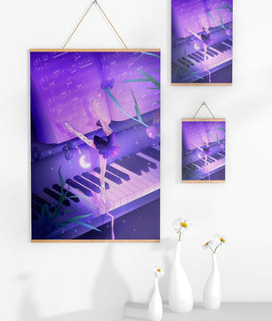 Graceful Ballerina Dancing on Piano Amidst Flowers and Musical Notes