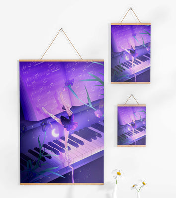 Graceful Ballerina Dancing on Piano Amidst Flowers and Musical Notes