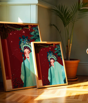 Traditional Asian art with elegant woman in traditional attire
