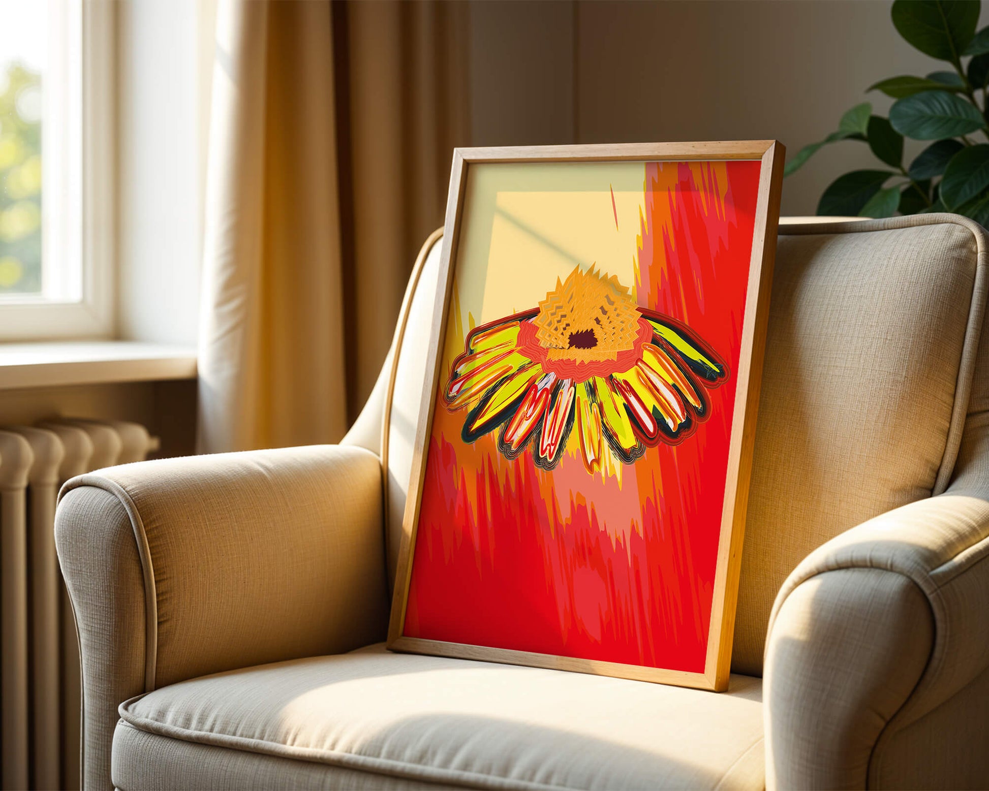 Abstract vibrant flower illustration with bold colors and dynamic strokes