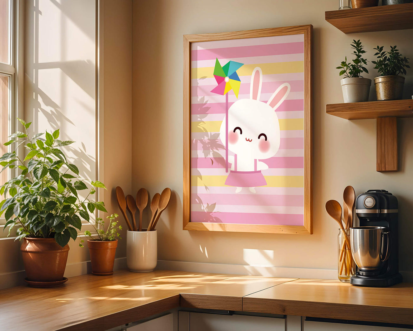 Adorable bunny with pinwheel on pastel striped backdrop